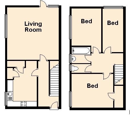 Floorplan of Accommodation showing living room downstairs with kitchen and hallway and three bedrooms upstairs with bathroom